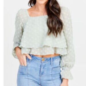 NWT Altar’d State Sage Green Ruffle Swiss Dot Square Neck Blouse Cropped Top